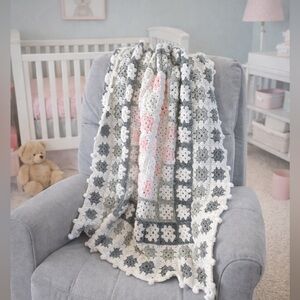 Heirloom Quality Granny Square Crochet Baby Blanket in Gray and Pink, 38x45